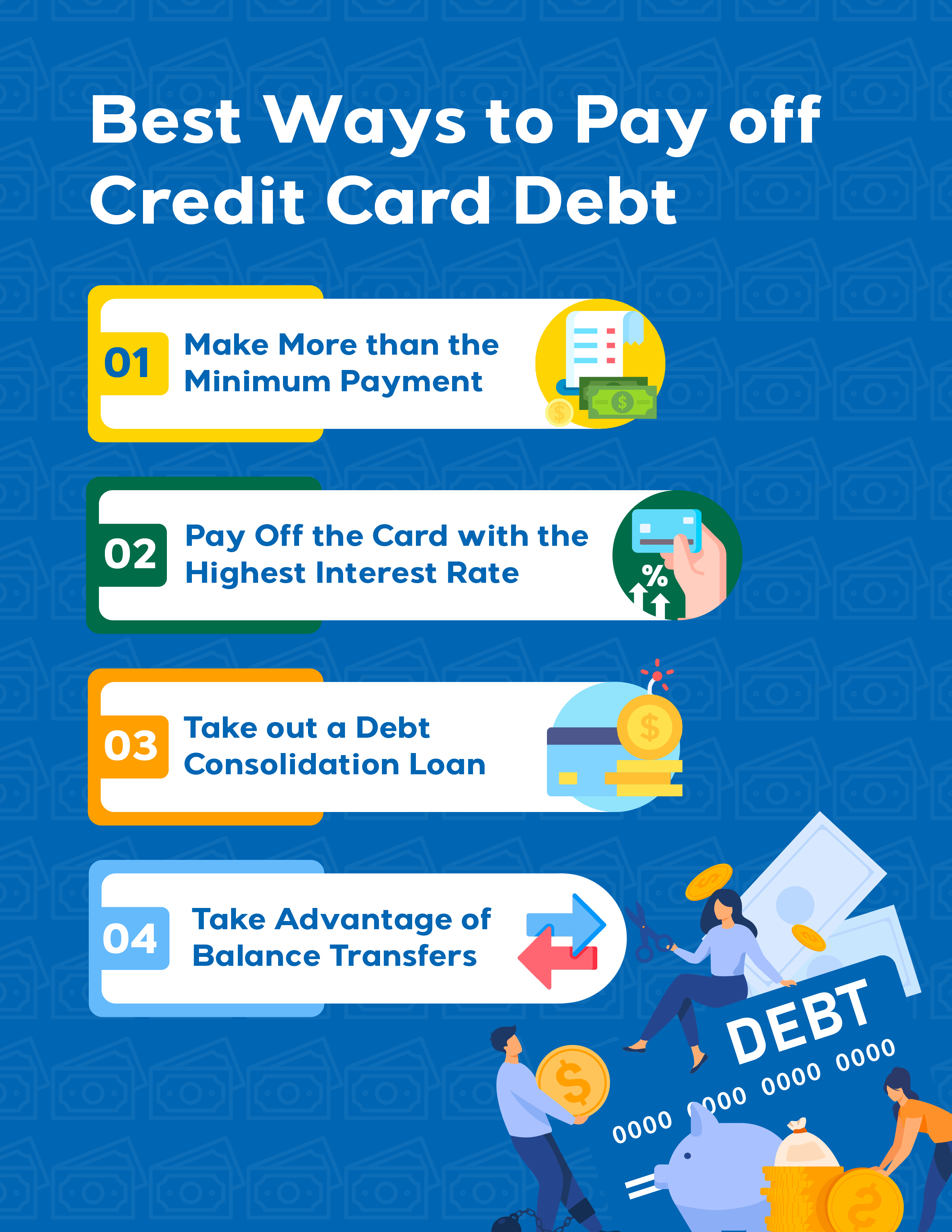 Best Ways to Pay off Credit Card Debt     1. Make More than the Minimum Payment    2. Pay Off the Card with the Highest Interest Rate    3. Take out a Debt Consolidation Loan    4. Take Advantage of Balance Transfers